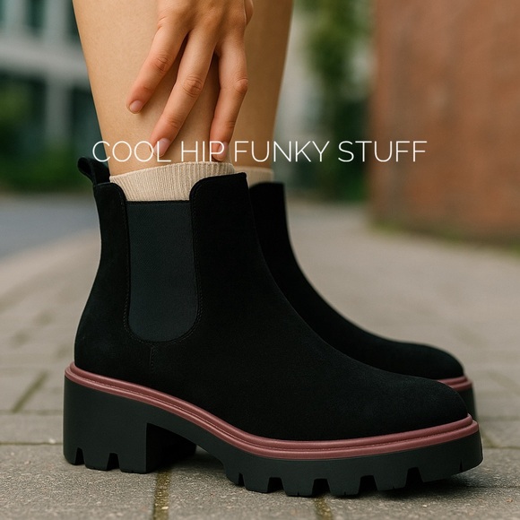 ANTONIO DE FARIA Tara Chelsea Black Suede Leather Lug Chunky Heel Boot Size /409 - Picture 1 of 12